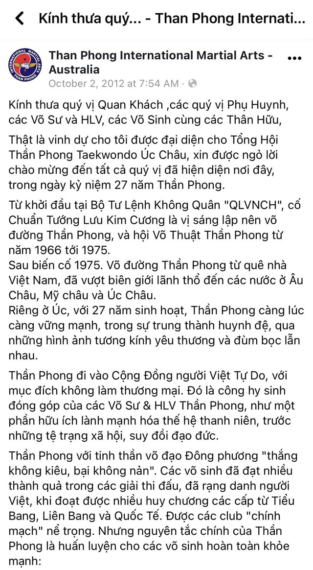 Trang Facebook Trung tâm dạy võ do ông nội Hanni 